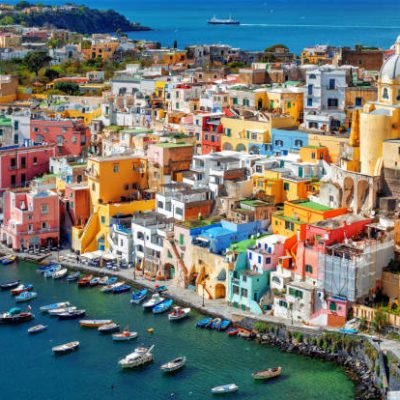 Colorful traditional houses in the Old town port of Procida island, Naples, Italy